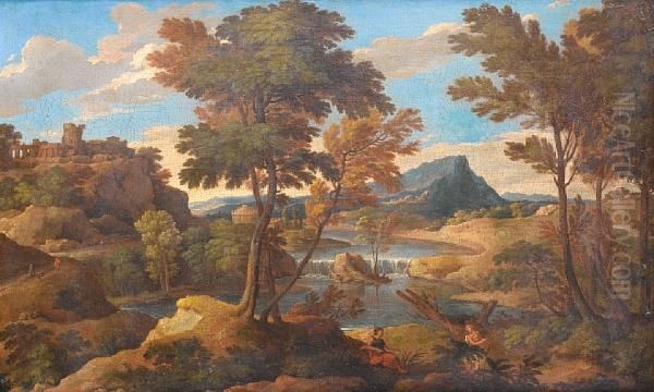 A Wooded River Landscape With Figures Restingbeside A Path Oil Painting by Etienne Allegrain