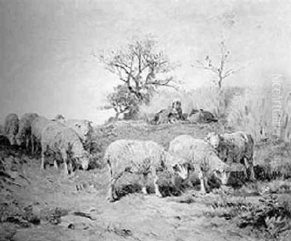 Shepherd With Grazing Sheep Oil Painting by Felix Saturnin Brissot de Warville