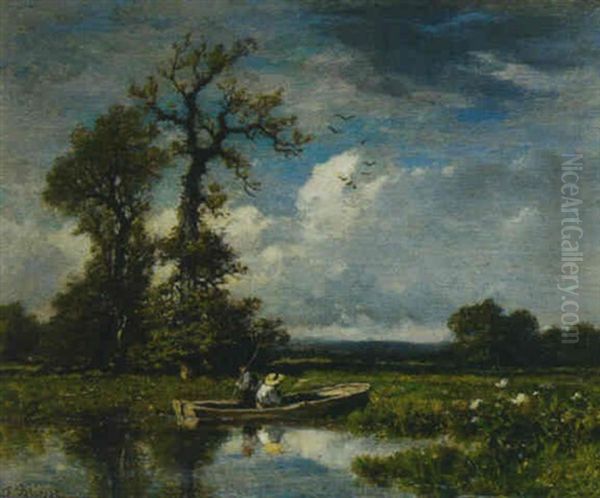 Anglers In A Punt On A River Oil Painting by Felix Saturnin Brissot de Warville