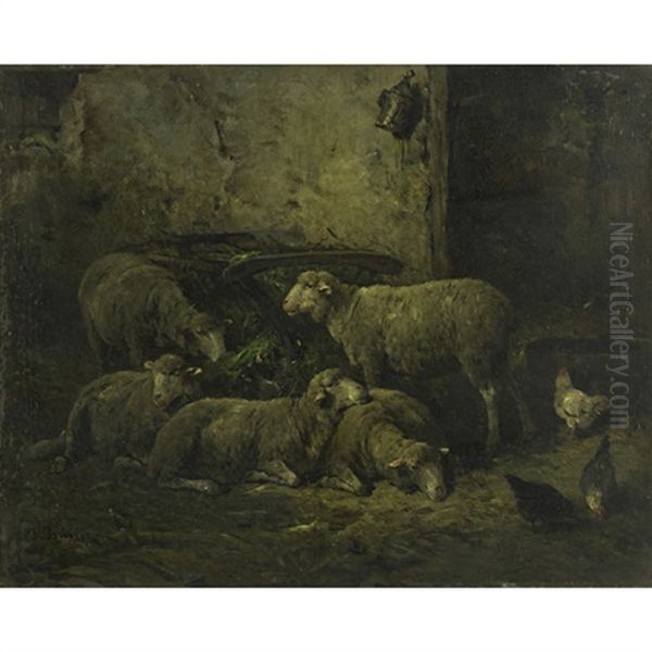 Sheep And Chickens In A Manger Oil Painting by Franck Brissot