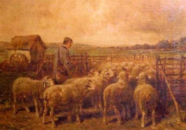 Shepherd Herding A Flock Of Sheep Into A Pen, Small Building, Field And Trees In The Background Oil Painting by Franck Brissot