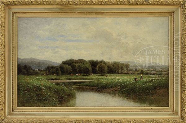 Panoramic River Landscape With Grazing Cows Oil Painting by John Bunyan Bristol