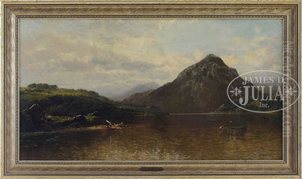 Mountainous Landscape With Boaters On A Lake Oil Painting by John Bunyan Bristol