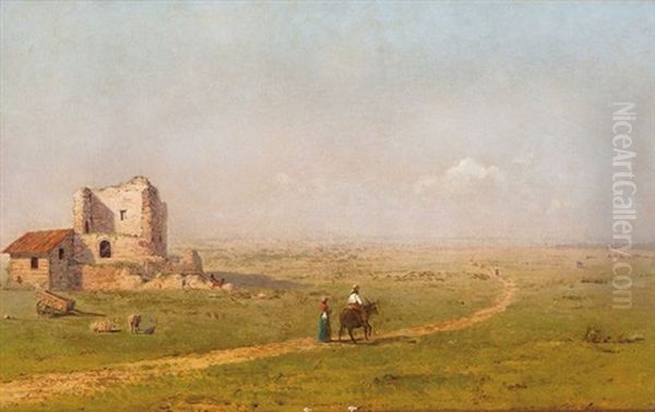 A Ruined Building In An Upland Landscape, Near An Andean Lake (possibly Alto, Peru) Oil Painting by John Bunyan Bristol