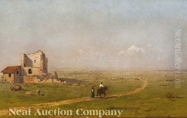 A Ruined Building In An Upland Landscape, Near An Andean Lake Oil Painting by John Bunyan Bristol