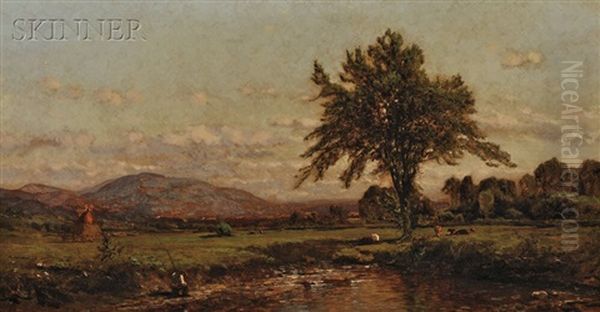 View Of A Fisherman By A Creek With Grazing Cattle Oil Painting by John Bunyan Bristol