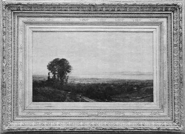 Panoramic New England Landscape With Figure At Foreground, Village With Church Spire At Middle Distance And Lake Beyond (champlain?) Oil Painting by John Bunyan Bristol