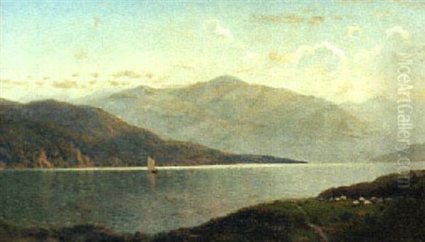 Summer Day With Sailboat On A Lake, Sheep Grazing On The Near Shore And Mountains Beyond Oil Painting by John Bunyan Bristol