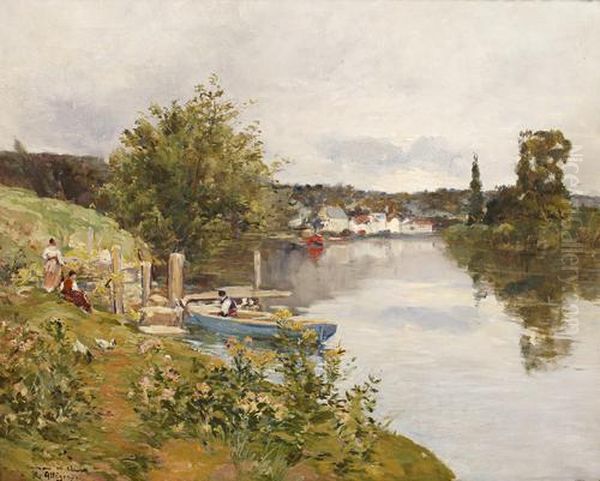 On The Riverbank Oil Painting by Raymond Allegre