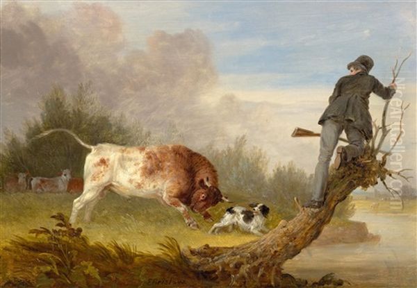 A Hunter Fleeing A Raging Bull Oil Painting by Edmund Bristow