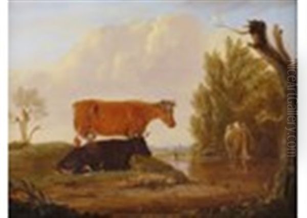 Cattle By A River Oil Painting by Edmund Bristow