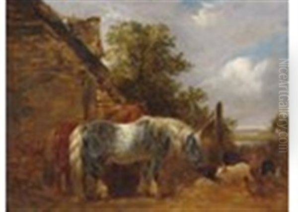 Horses Chickens And Pigs By A Barn Oil Painting by Edmund Bristow