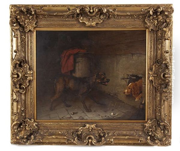 Challenging The Intruder, Dogs And A Donkey In A Stable Interior Oil Painting by Edmund Bristow