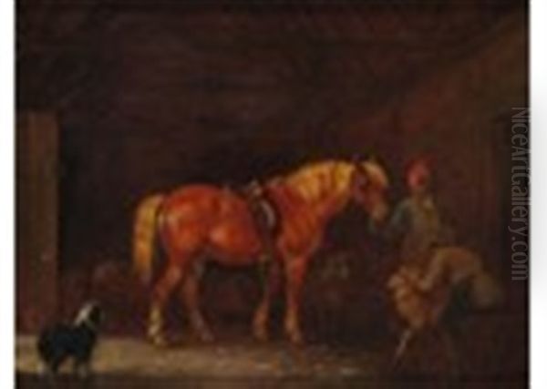 A Horse And Groom In A Stable Oil Painting by Edmund Bristow