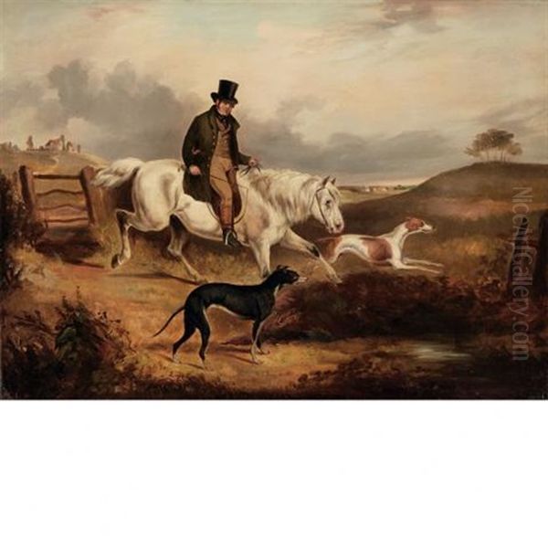 Mr. William Loft Of Thorpe, Riding Near Alford With Two Greyhounds Oil Painting by Edmund Bristow