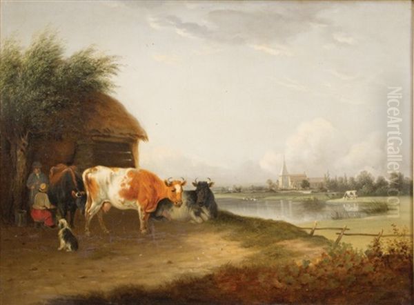 Cattle With Figures And Dog By A Thatched Barn, A River And Church Beyond Oil Painting by Edmund Bristow