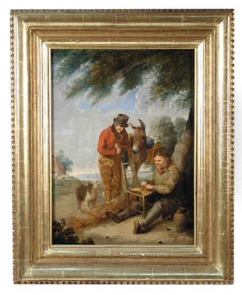 A Farmer With His Donkey And His Collie Watching A Basket Weaver At Work On A Chair Oil Painting by Edmund Bristow