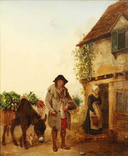 Figures And Donkey Before A Cottage Oil Painting by Edmund Bristow