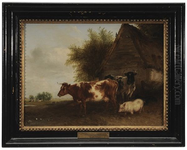 Cows And A Pig In A Farmyard Oil Painting by Edmund Bristow