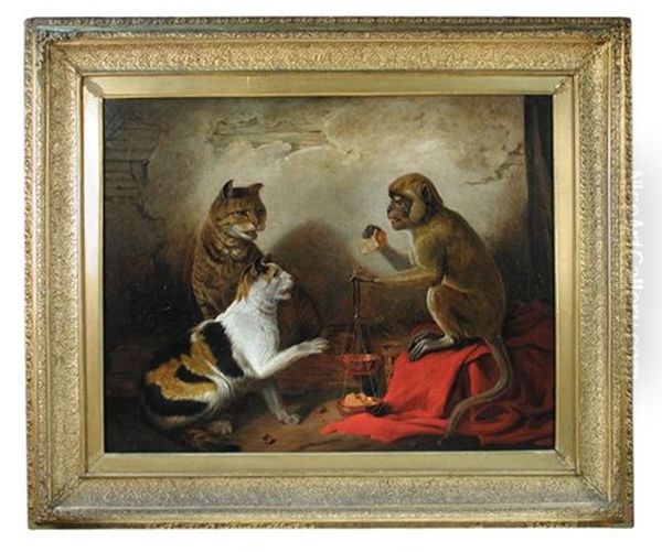 A Tabby Cat And A Tortoiseshell Cat With A Monkey With Scales Disputing Food Oil Painting by Edmund Bristow