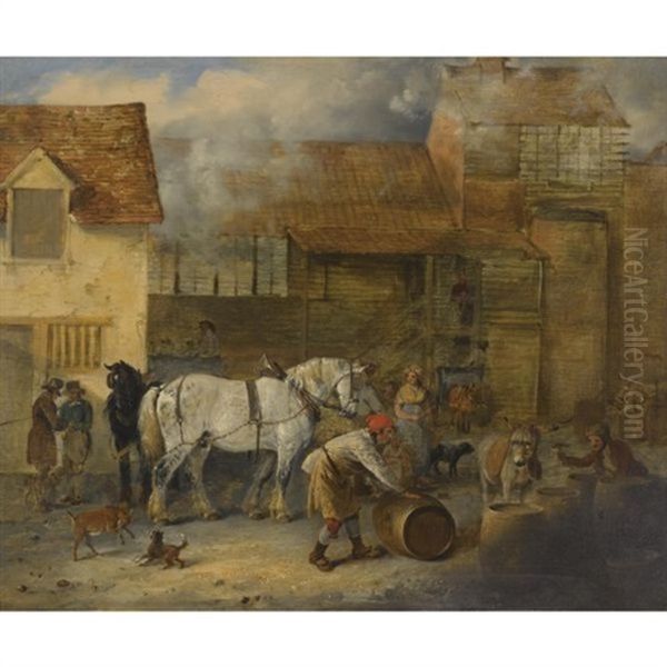 Dray Horses Outside A Brewery, Windsor (+ Cart Horses Outside An Ale House, Windsor; 2 Works) Oil Painting by Edmund Bristow