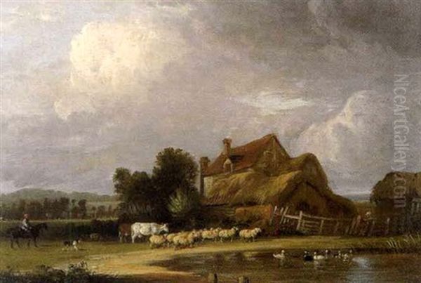 Teichlandschaft Mit Bauernhaus, Kuhen Und Schafen Oil Painting by Edmund Bristow