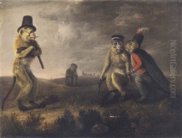 Before The Monkey Duel (+ The Aftermath, Sig.; Pair) Oil Painting by Edmund Bristow