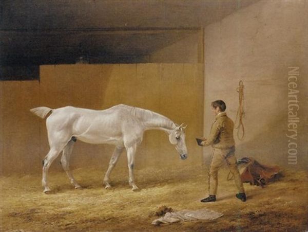 A Grey Hunter And Stable Boy Oil Painting by Edmund Bristow