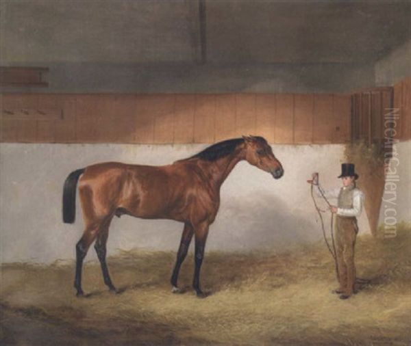 Horse And Groom In A Stable Oil Painting by Edmund Bristow