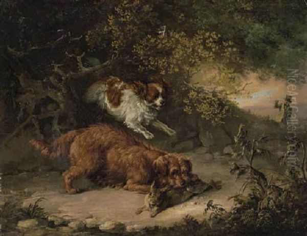 Dogs Rabbiting In A Woodland Clearing, A Sportsman Beyond Oil Painting by Edmund Bristow