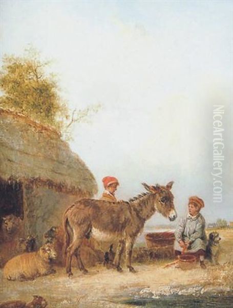 Preparing Carrots For The Donkey, With Sheep And A Dog In A Landscape Oil Painting by Edmund Bristow