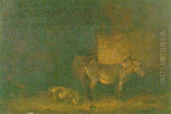 Donkey And Pig In A Stable Interior Oil Painting by Edmund Bristow