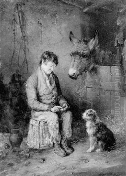 A Peasant In A Stall With A Donkey And Terrier Oil Painting by Edmund Bristow