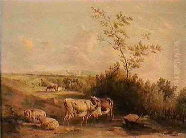 Cattle And Sheep By A Stream Oil Painting by Edmund Bristow