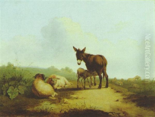 Donkeys And Sheep In A Meadow Oil Painting by Edmund Bristow