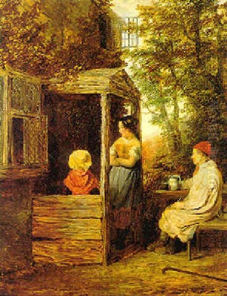 Family Outside A Cottage Door Oil Painting by Edmund Bristow