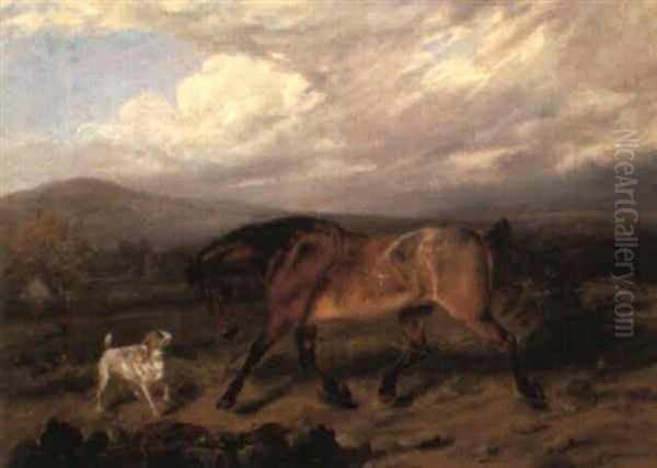 A Chestnut Mare And A Terrier Oil Painting by Edmund Bristow