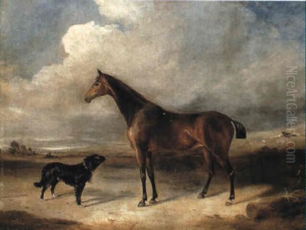 A Bay Hunter And Dog, In An Extensive Landscape Oil Painting by Edmund Bristow