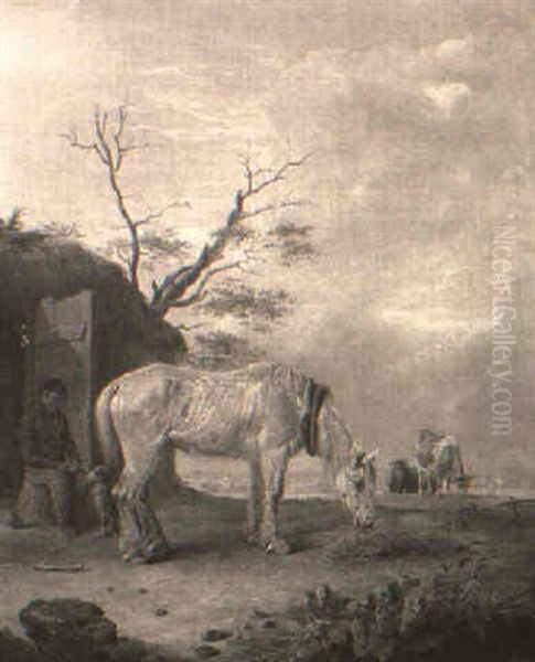 Horses Grazing Outside A Thatched Cottage Oil Painting by Edmund Bristow