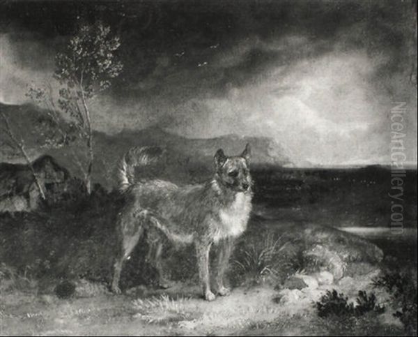 Study Of A Dog With Cottage And Landscape Beyond Oil Painting by Edmund Bristow