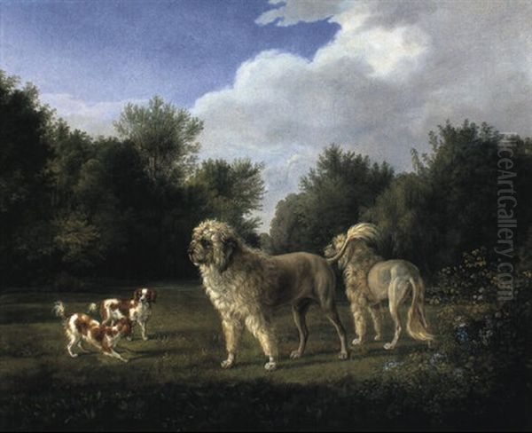 Water And King Charles Spaniels In Wooded Landscape Oil Painting by Edmund Bristow