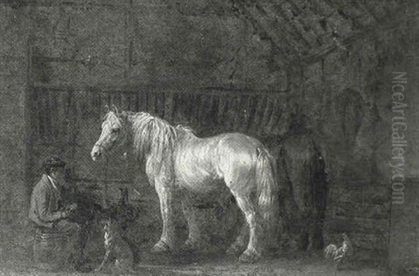 Two Ponies And A Stable Hand In A Stable Oil Painting by Edmund Bristow