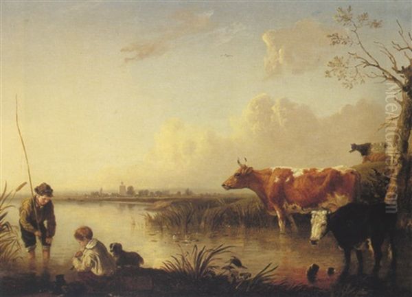 Children Fishing On The River Thames Near Windsor, With A Distant View Of Bray Oil Painting by Edmund Bristow