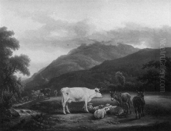 River Landscape With Cattle Sheep And Donkeys By A Stream Oil Painting by Edmund Bristow