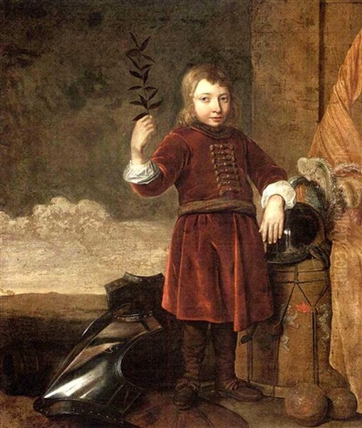 An Allegory Of Peace Overcoming War: Portrait Of A Boy, Full-length, Holding An Olive Branch, With Armour, A Cannon, A Drum And The Flag Of The House Of Orange Oil Painting by Cornelis Brize