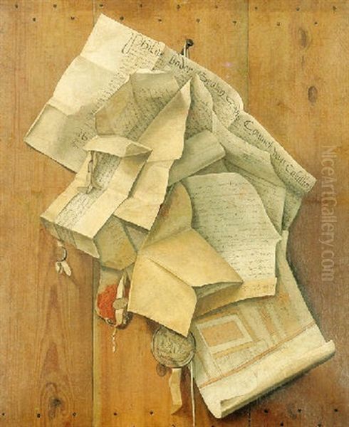 Still Life Of Letters, Seals And Documents Nailed To A Wooden Board Oil Painting by Cornelis Brize