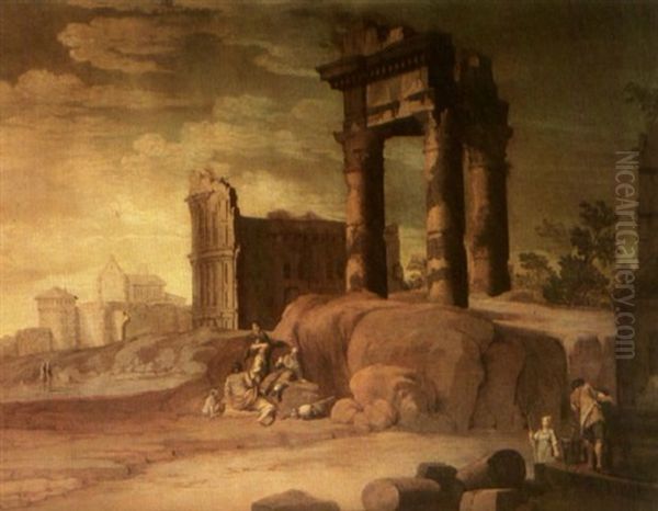 Vista De Ruinas Con Figuras (+ Another; Pair) Oil Painting by Serafino Brizzi