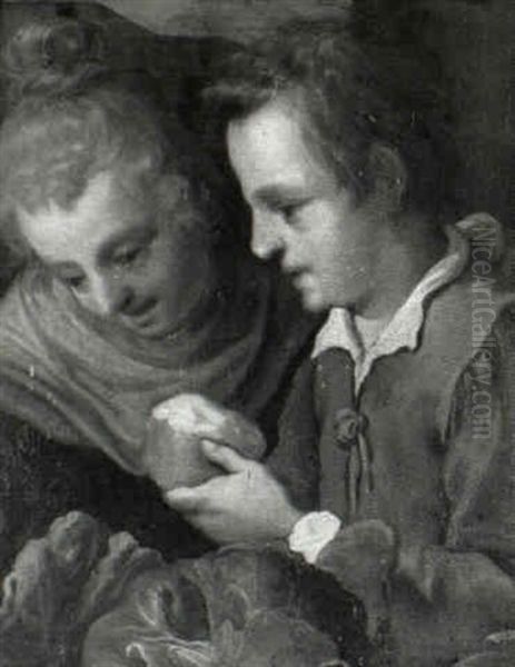 Two Children Eating An Apple In An Interior Oil Painting by Francesco Brizzio