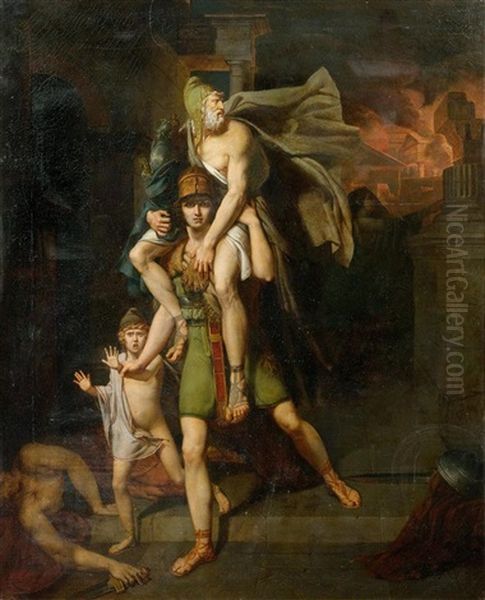 Aeneas Fleeing With His Father Anchises And Son From The Burning City Of Troy Oil Painting by Charles Brocas