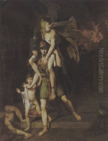 Aeneas Flieht Mit Sohn Und Vater Anchises Aus Dem Brennenden Troja Oil Painting by Charles Brocas